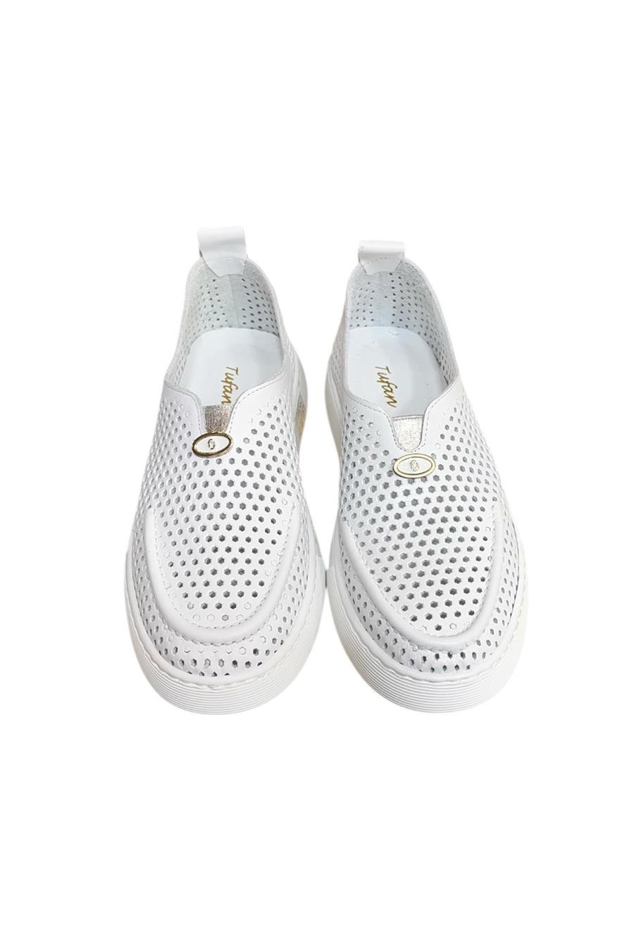 Beyaz Hakiki Deri Delikli Hafif Comfort Taban Sneaker