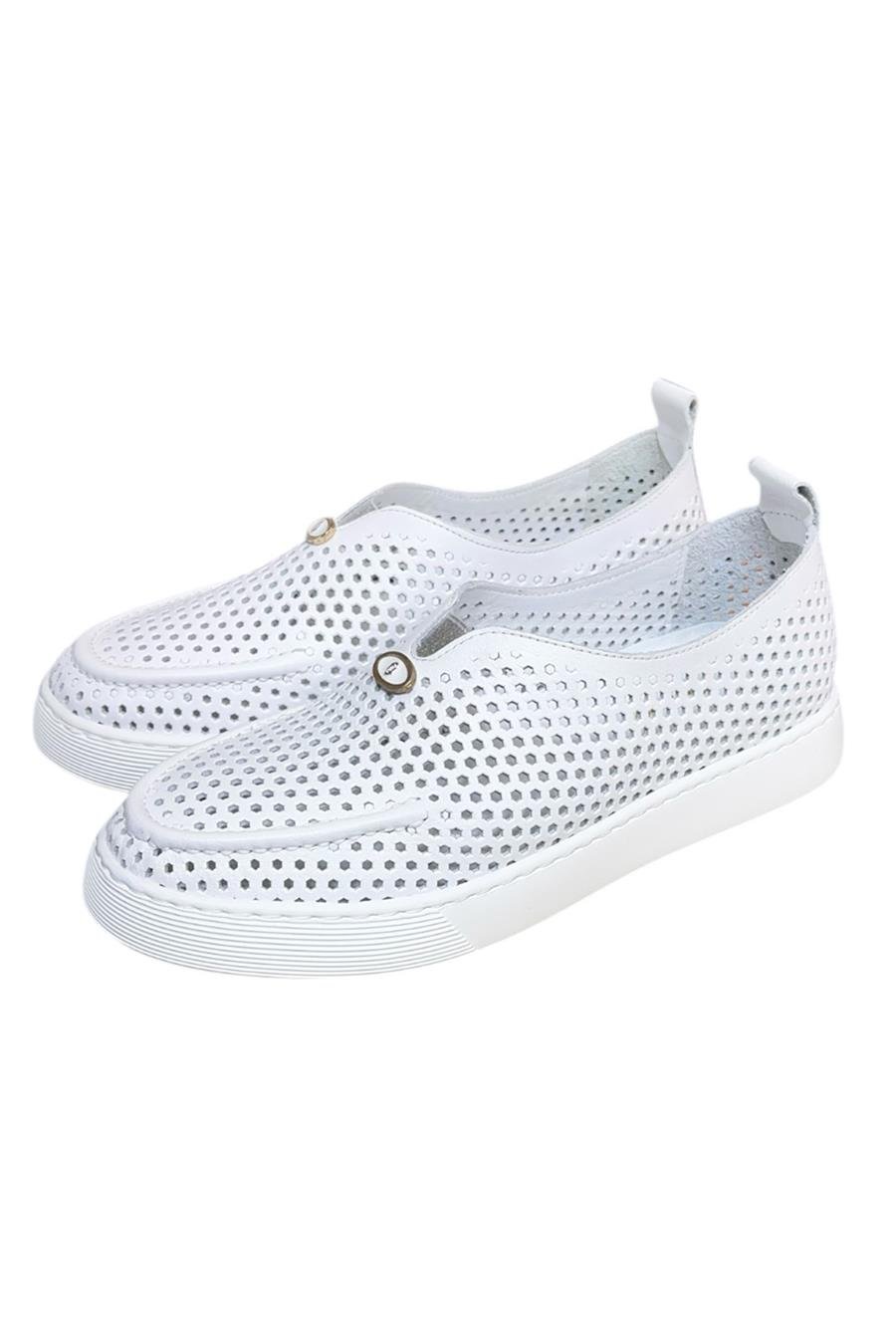 Beyaz Hakiki Deri Delikli Hafif Comfort Taban Sneaker