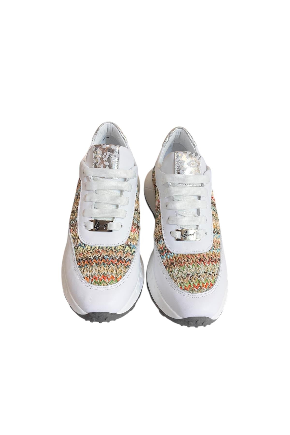 Beyaz Hakiki Deri  Hasır Desenli Comfort Taban Bağcıklı Sneaker