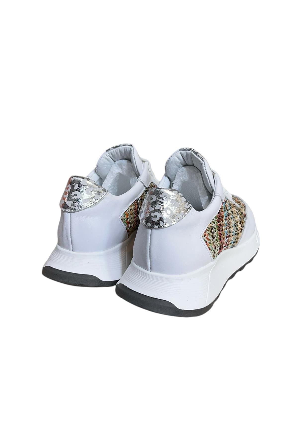 Beyaz Hakiki Deri  Hasır Desenli Comfort Taban Bağcıklı Sneaker