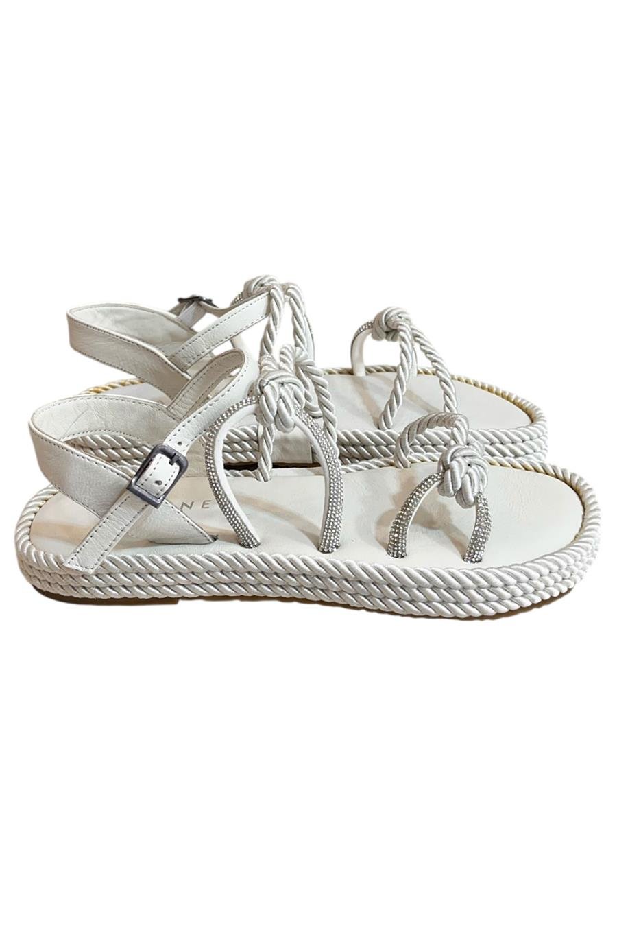 Beyaz Hakiki Deri Taş Detay İpli Comfort Taban Sandalet