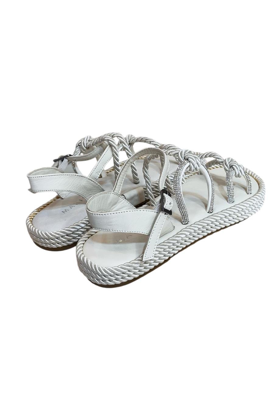 Beyaz Hakiki Deri Taş Detay İpli Comfort Taban Sandalet