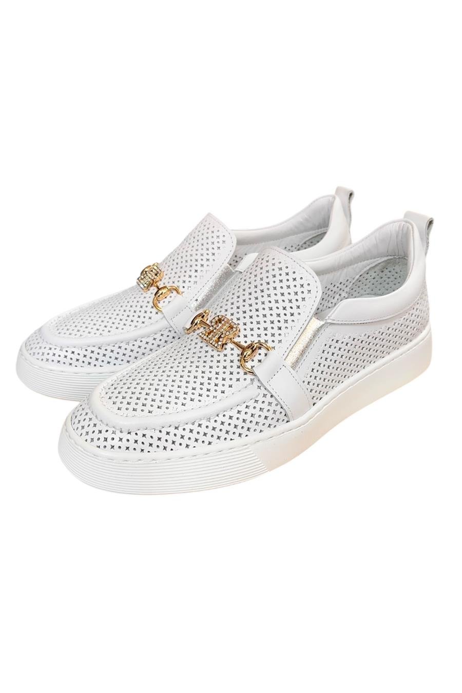 Beyaz Hakiki Deri Taşlı Toka Detaylı Ultra Hafif Sneaker