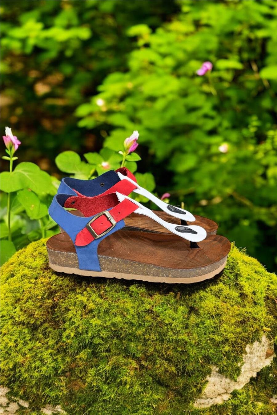 Beyaz Multi Hakiki Deri Parmak Arası Mantar Taban Tokalı Sandalet 