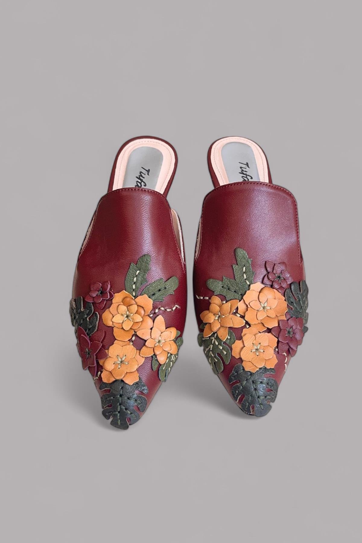 Bordo  Hakiki Deri Çiçek Motifli El Yapımı Terlik