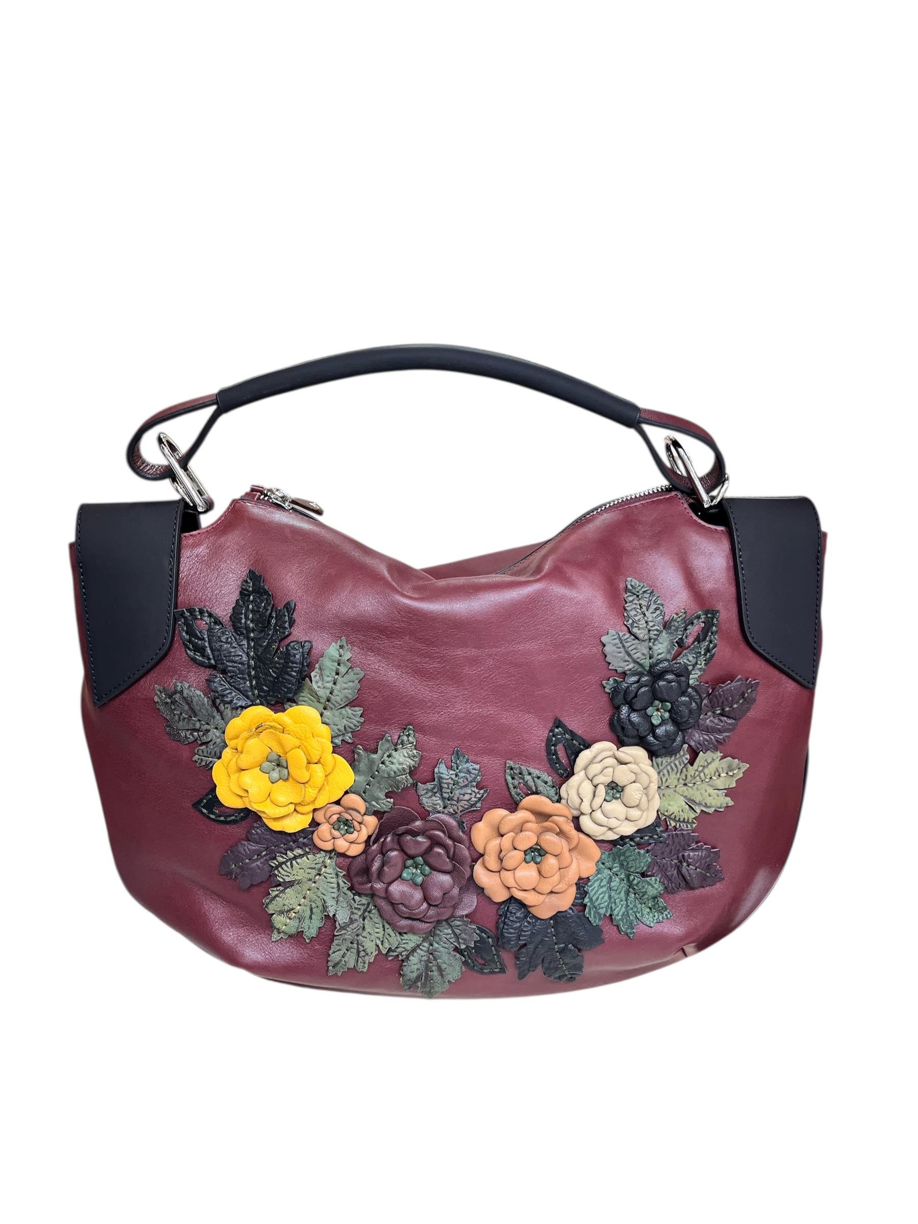 Bordo  Hakiki Deri Çiçek Motifli El Yapımı Omuz ve El Çantası