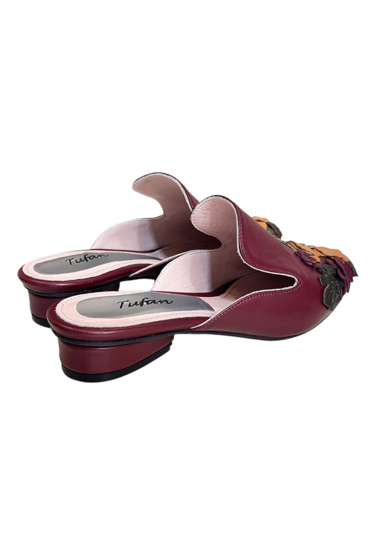 Bordo  Hakiki Deri Çiçek Motifli El Yapımı Terlik