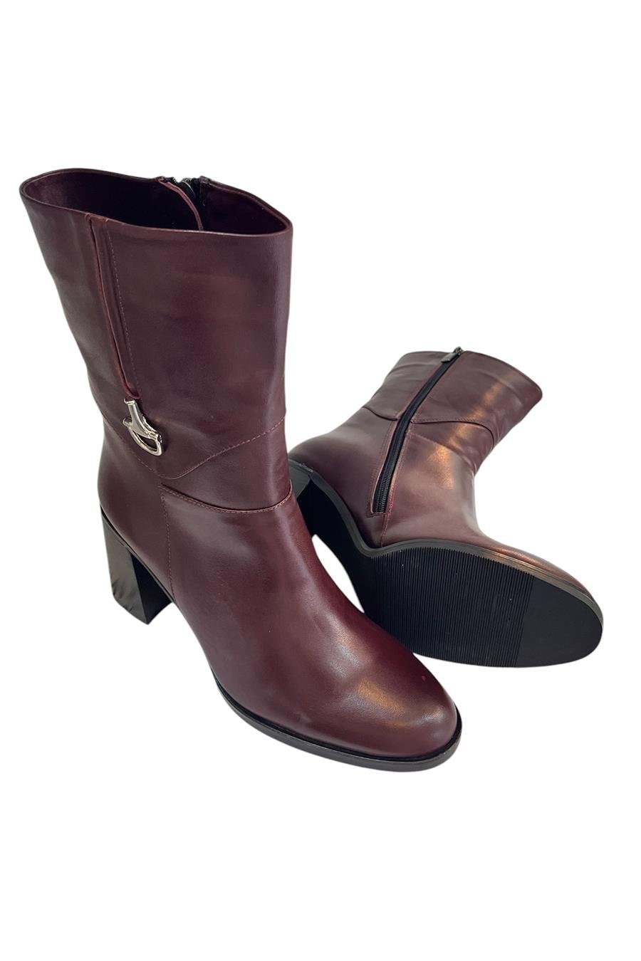 Bordo Hakiki  Deri İçi Sıcak Astarlı Topuklu Bot