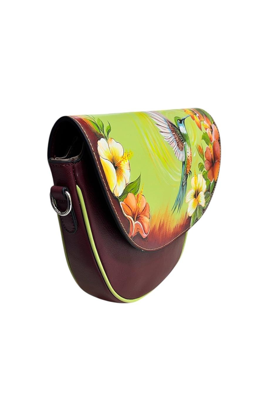 Bordo  Hakiki Deri Kuş Desenli Deri Elde Boyama Çapraz Çanta