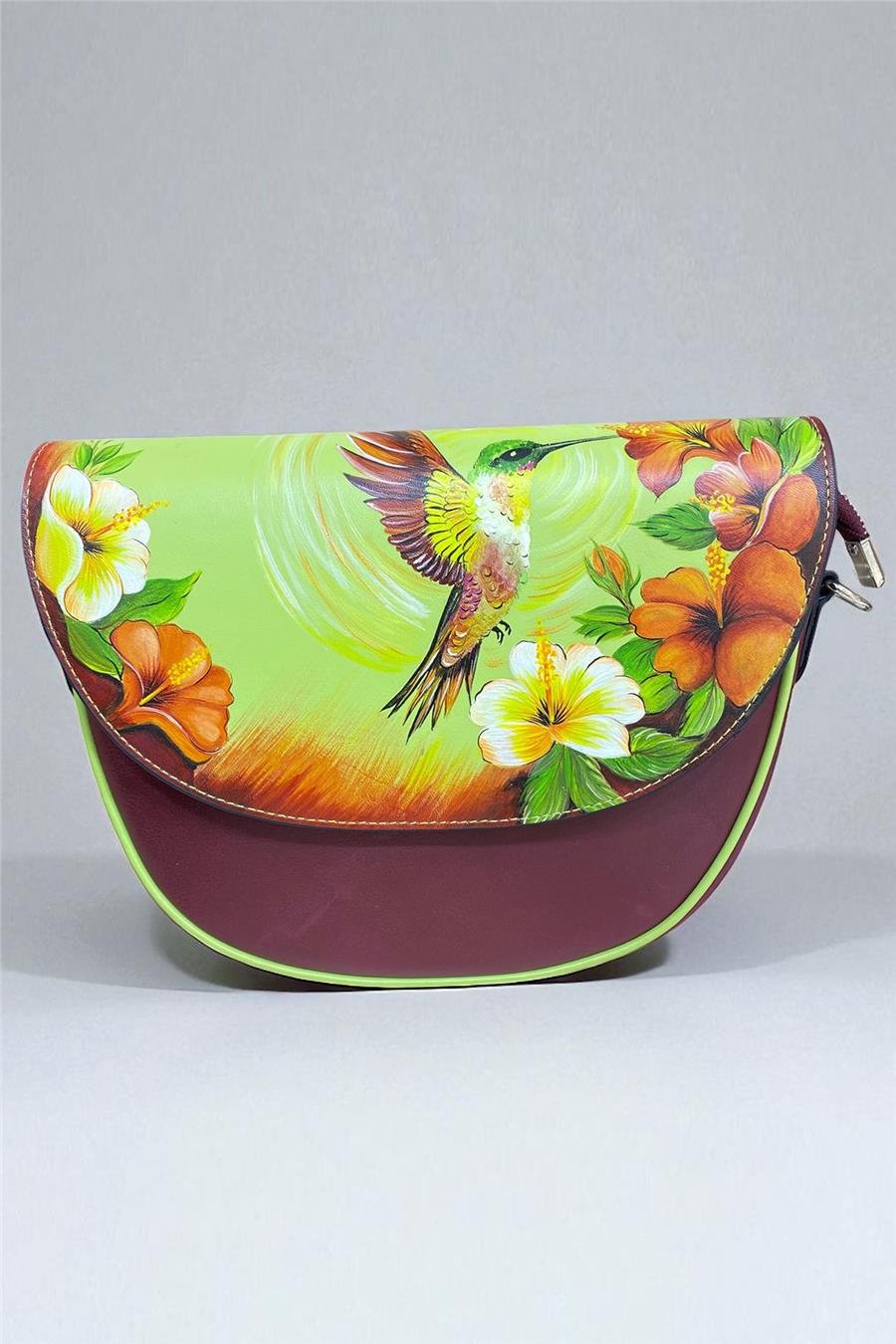 Bordo  Hakiki Deri Kuş Desenli Deri Elde Boyama Çapraz Çanta