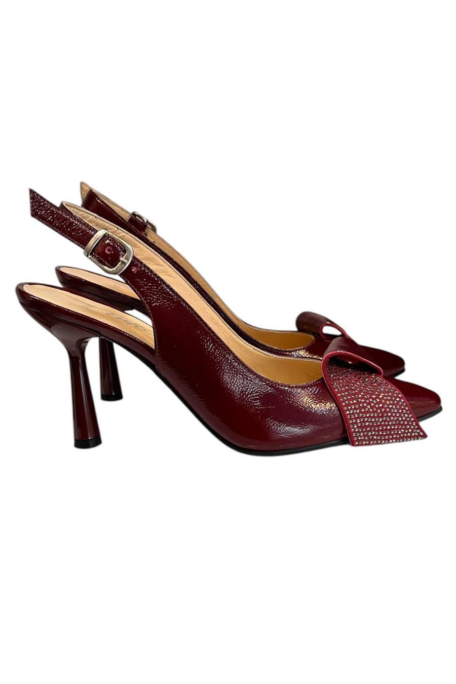 Bordo Hakiki Deri Rugan Arkası Açık Topuklu Ayakkabı