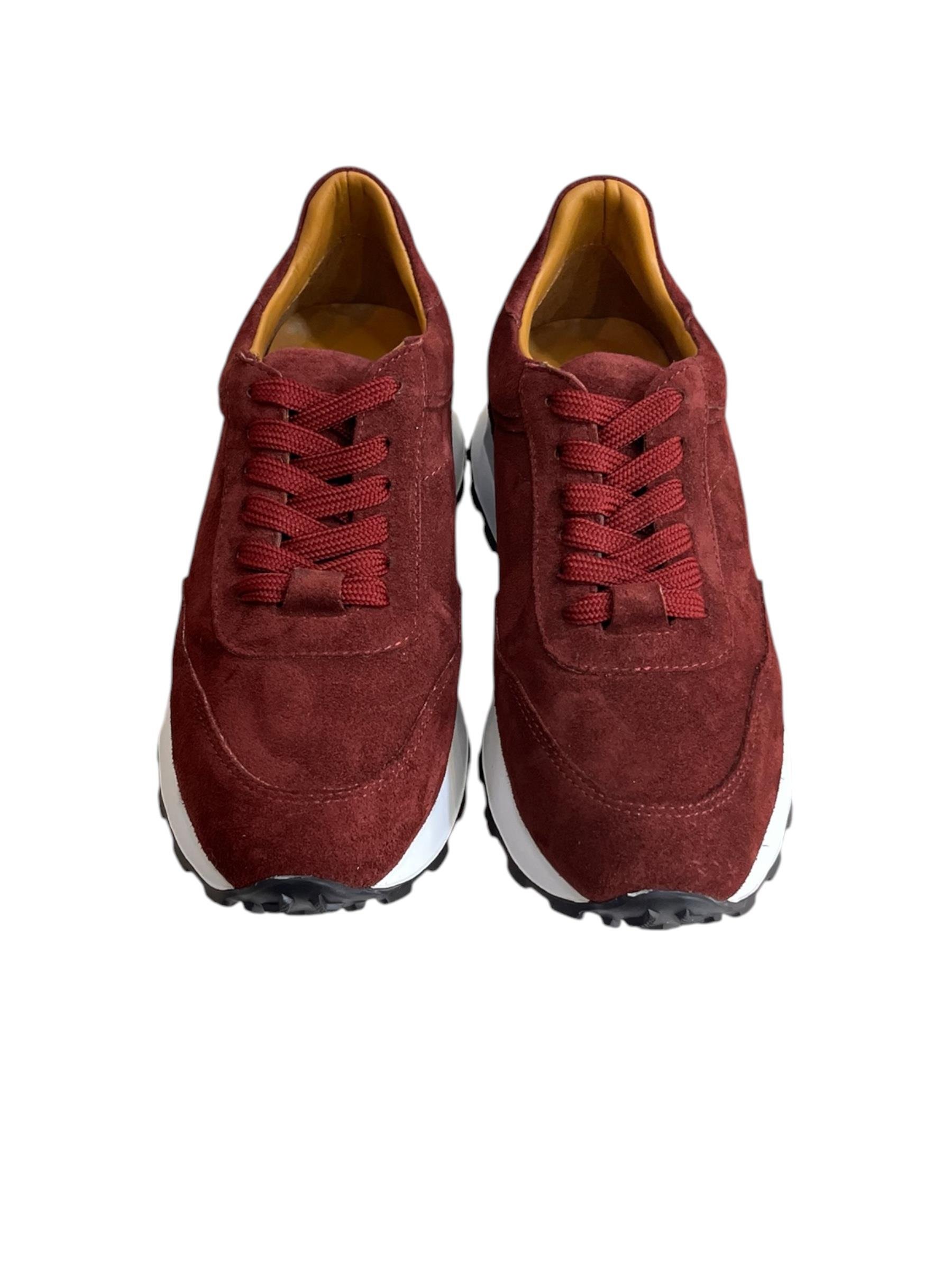 Bordo Hakiki Deri Süet Bağcıklı Comfort Sneaker