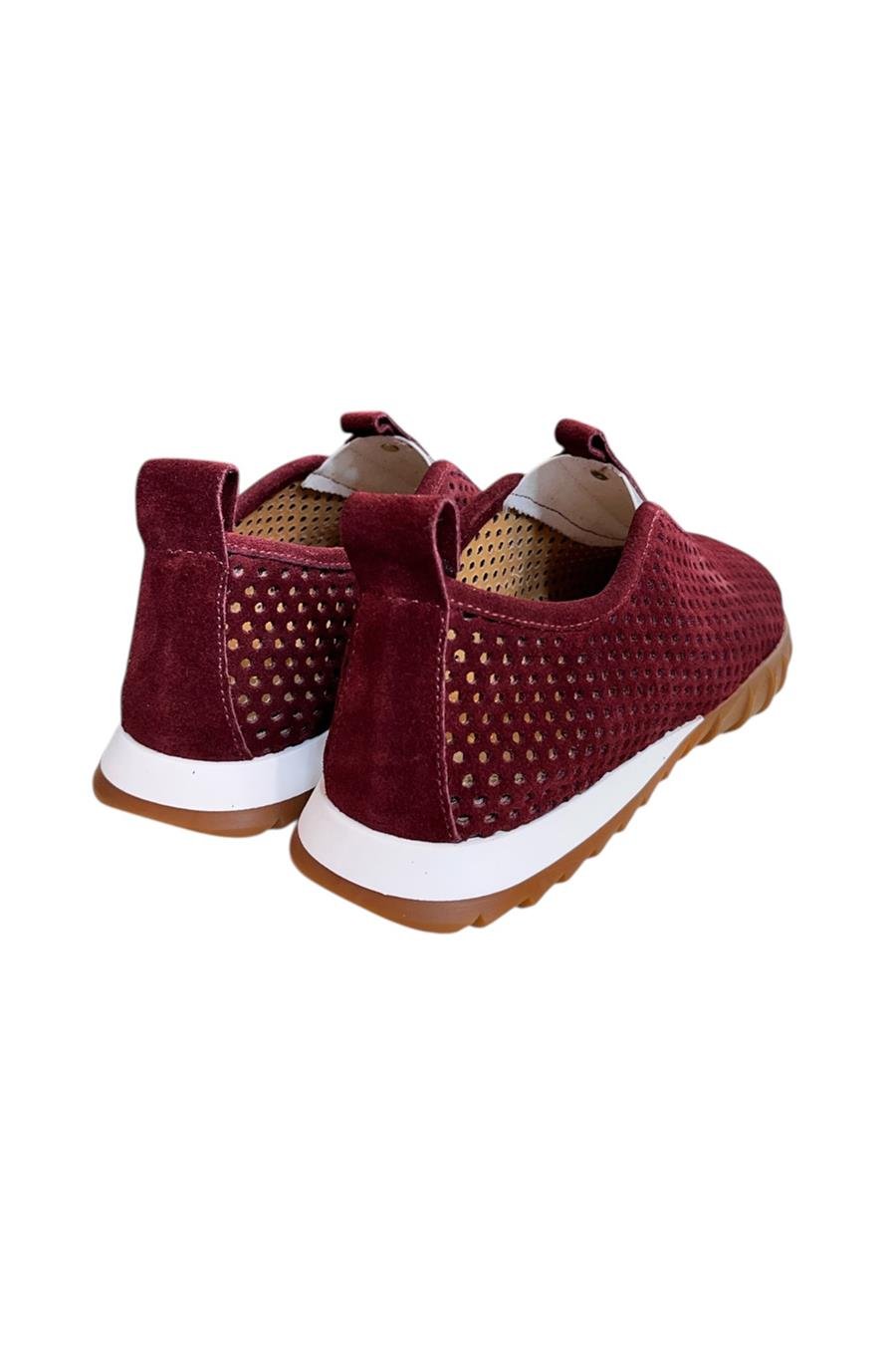 Bordo Hakiki Deri Süet Delikli Comfort Taban Spor Ayakkabı
