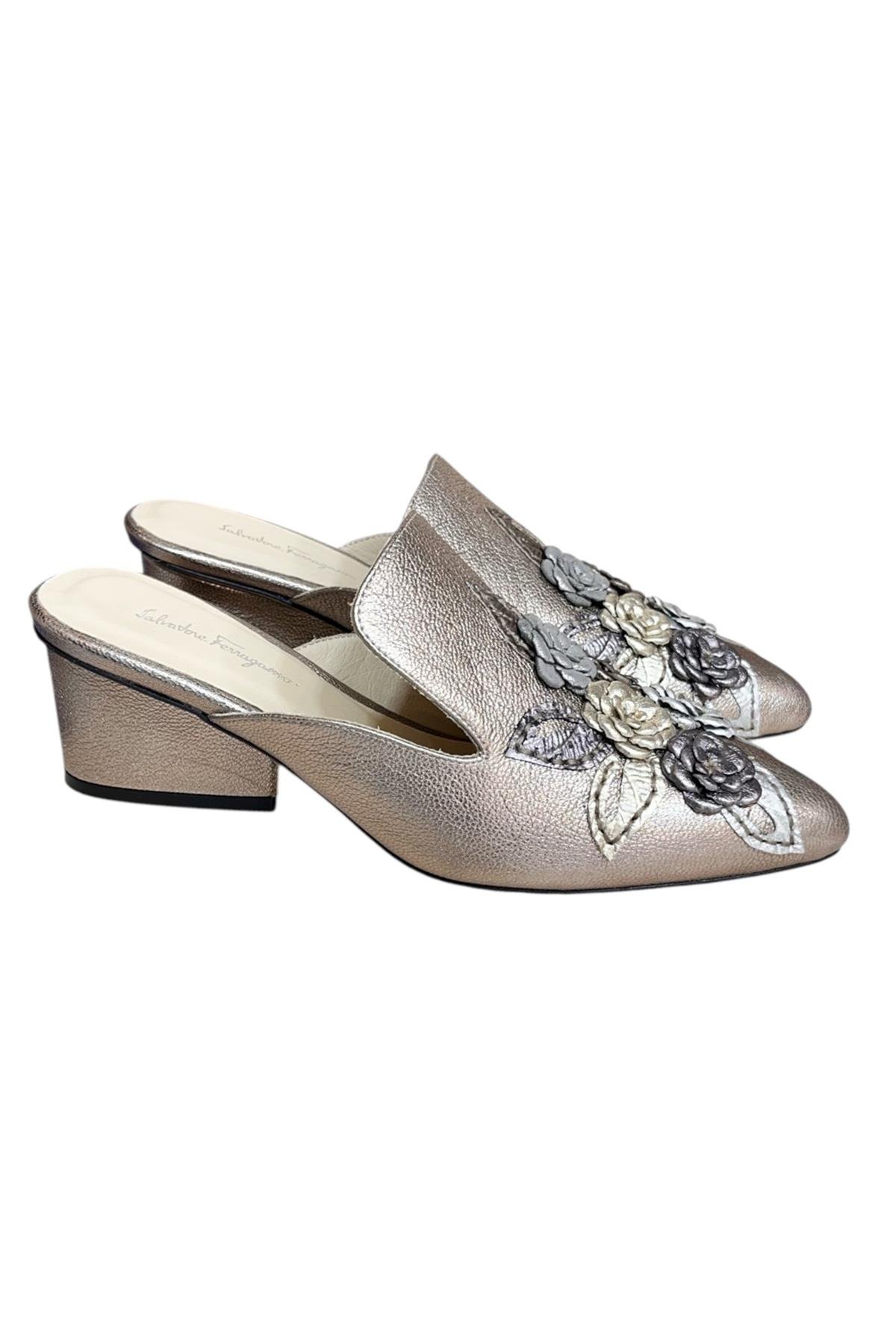 Bronz  Hakiki Deri Çiçek Motifli El Yapımı Terlik