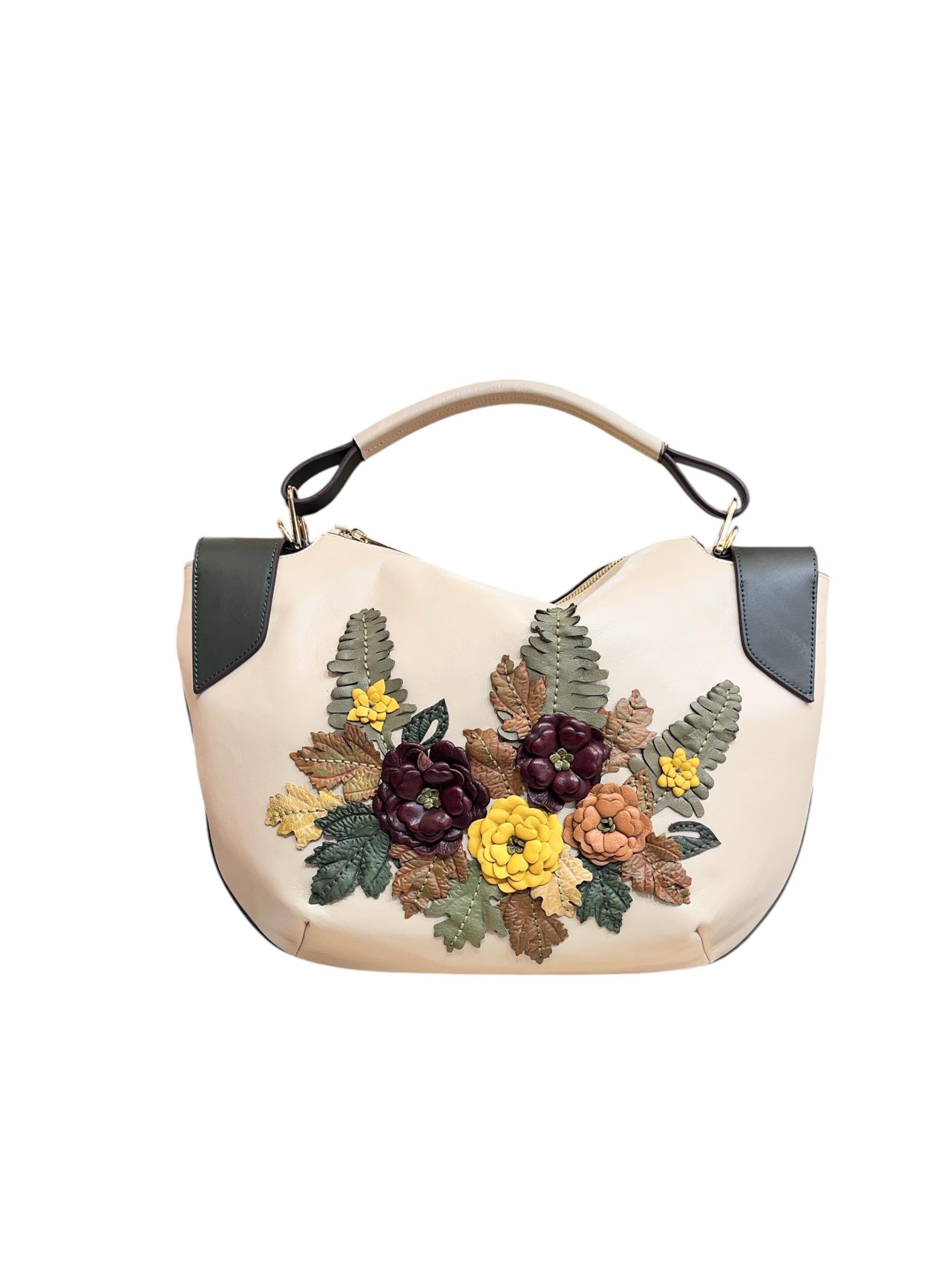 Ekru  Hakiki Deri Çiçek Motifli El Yapımı Omuz ve El Çantası
