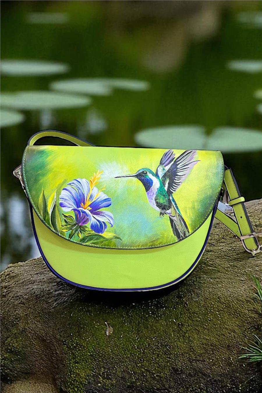 Fıstık Yeşili Hakiki Deri Kuş Desenli Elde Boyama Çapraz Çanta