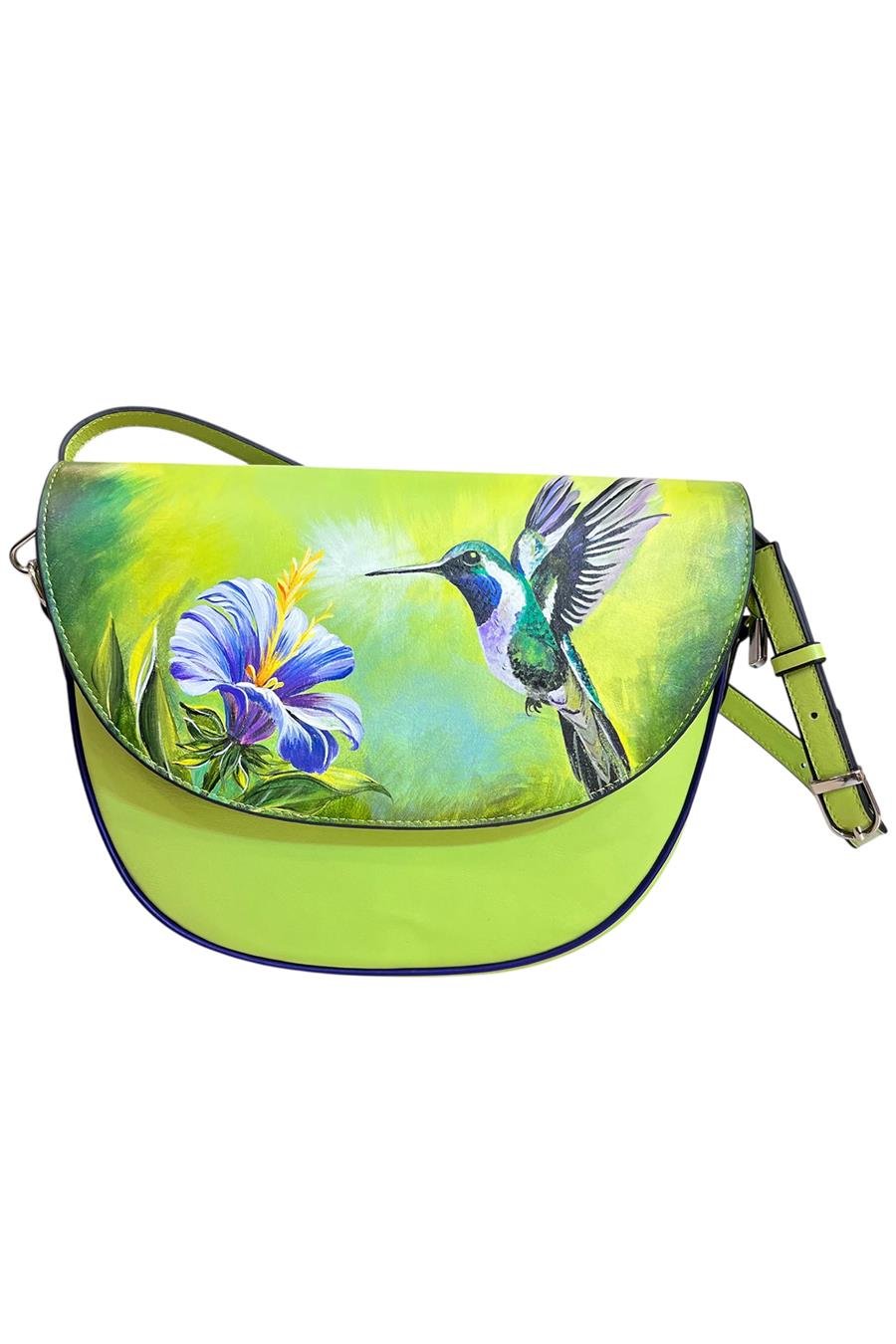 Fıstık Yeşili Hakiki Deri Kuş Desenli Elde Boyama Çapraz Çanta