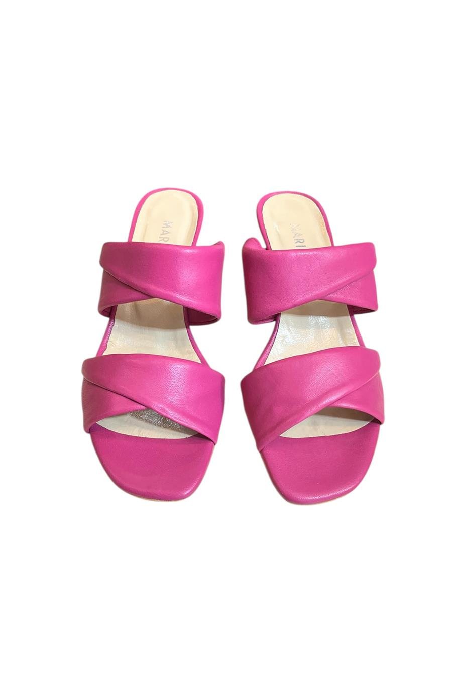 Fuşya Hakiki Deri Köşe Burun Çift Bant Topuklu Terlik 