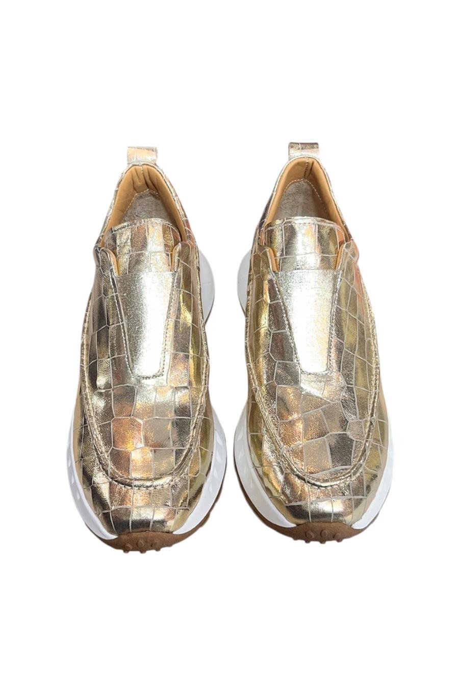 Gold Hakiki Deri Krokodil Desen Comfort Taban Sneaker