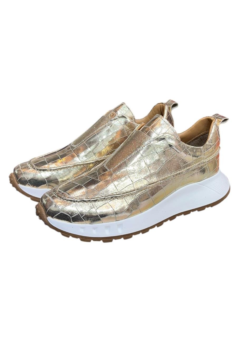 Gold Hakiki Deri Krokodil Desen Comfort Taban Sneaker