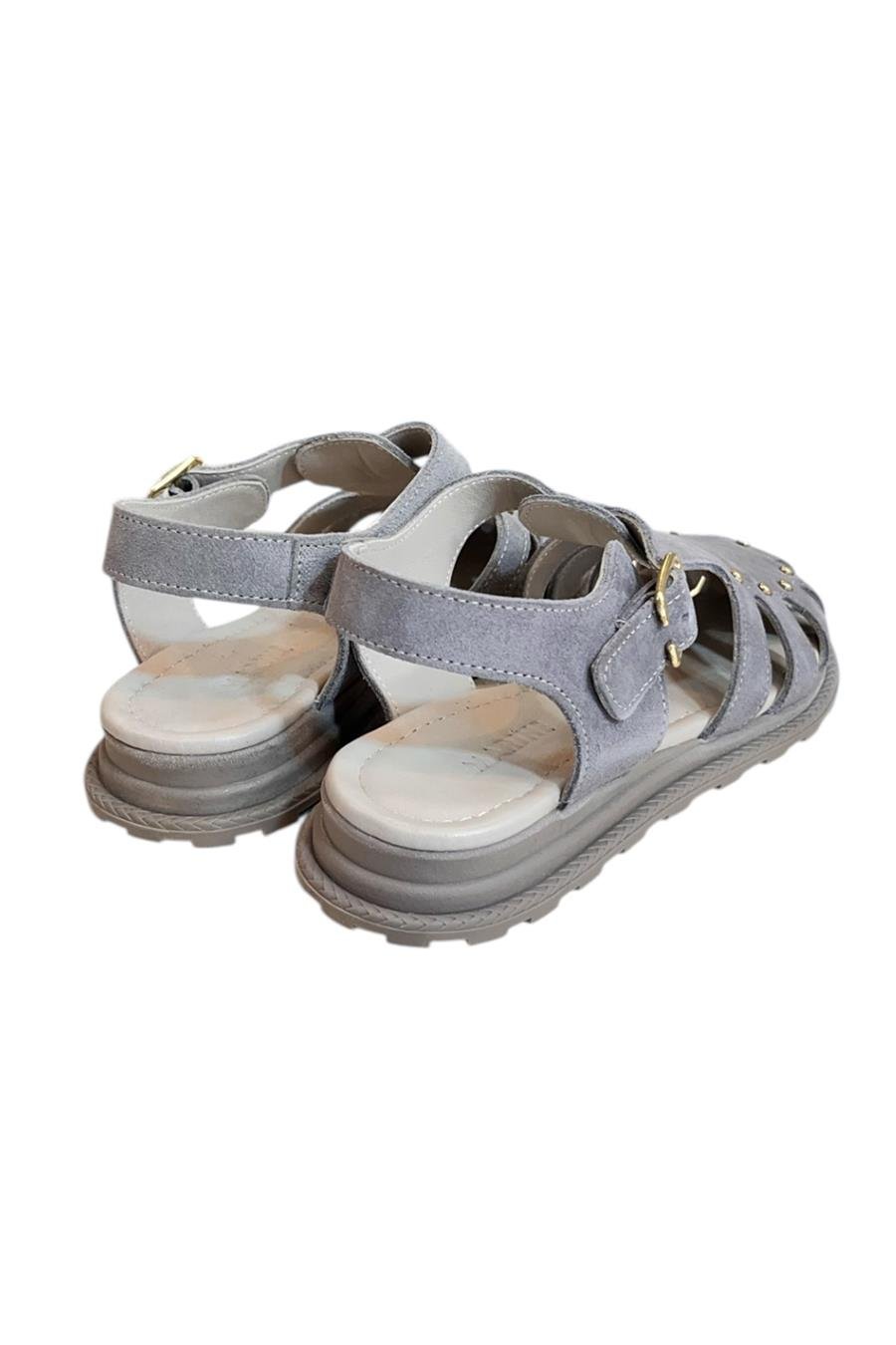 Gri Hakiki Deri Süet Burnu Kapalı Arkası Açık Troklu Sandalet