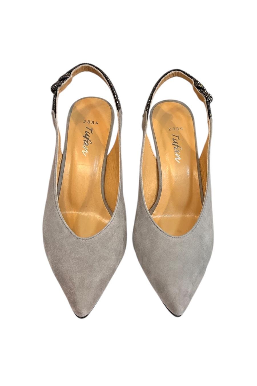 Gri Hakiki Deri Süet Kristal Taş Bantlı Arkası Açık Topuklu Ayakkabı