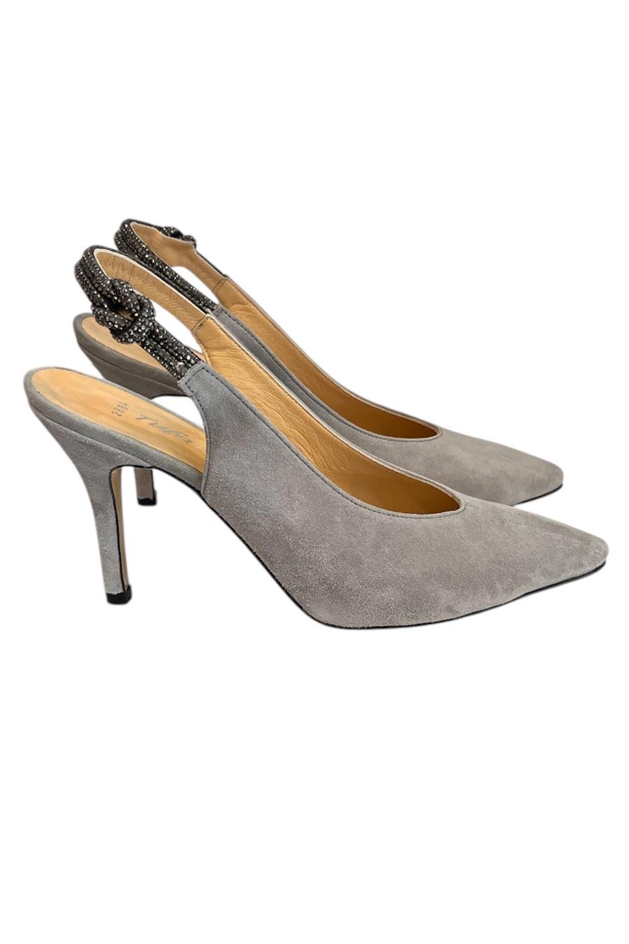 Gri Hakiki Deri Süet Kristal Taş Bantlı Arkası Açık Topuklu Ayakkabı