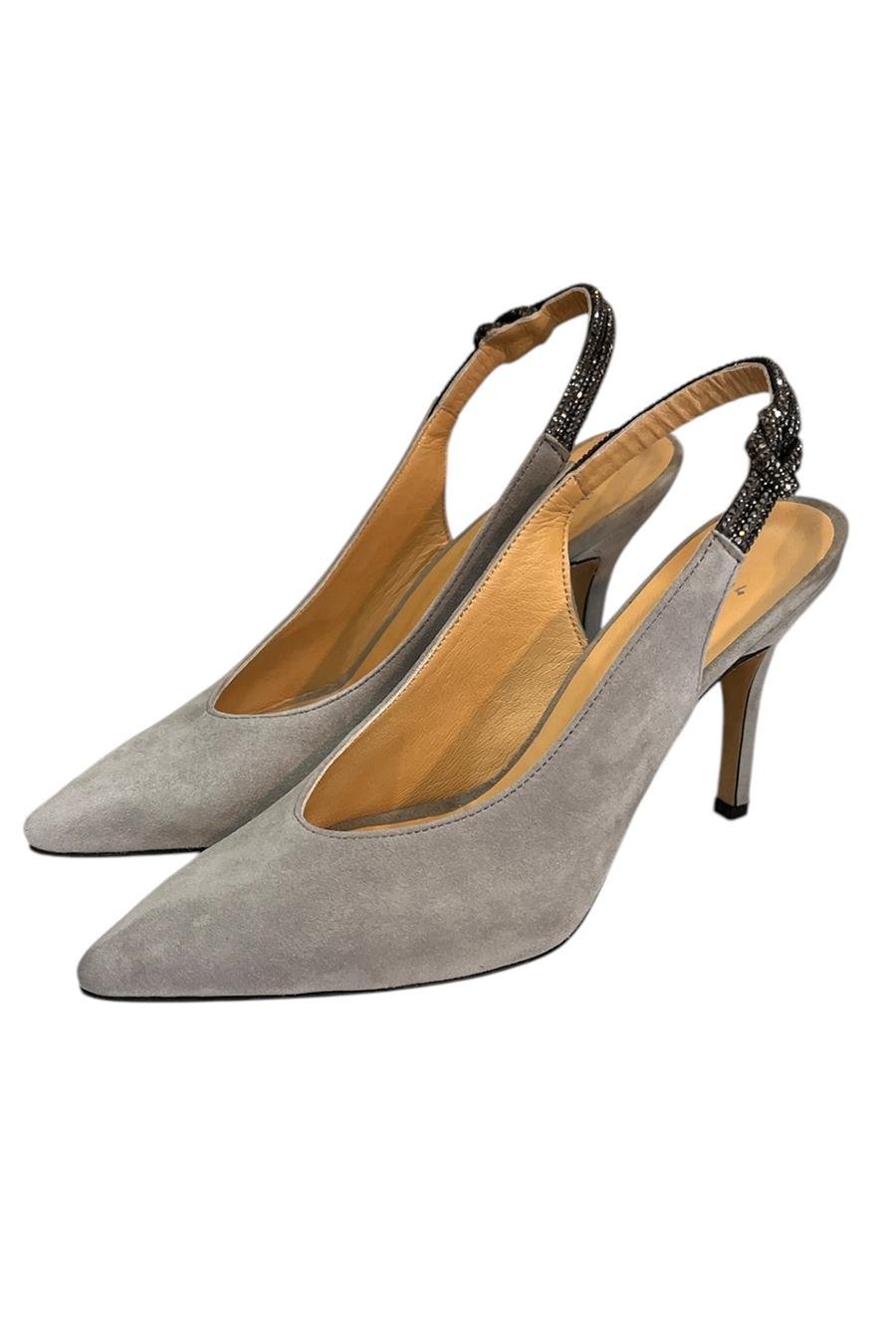 Gri Hakiki Deri Süet Kristal Taş Bantlı Arkası Açık Topuklu Ayakkabı
