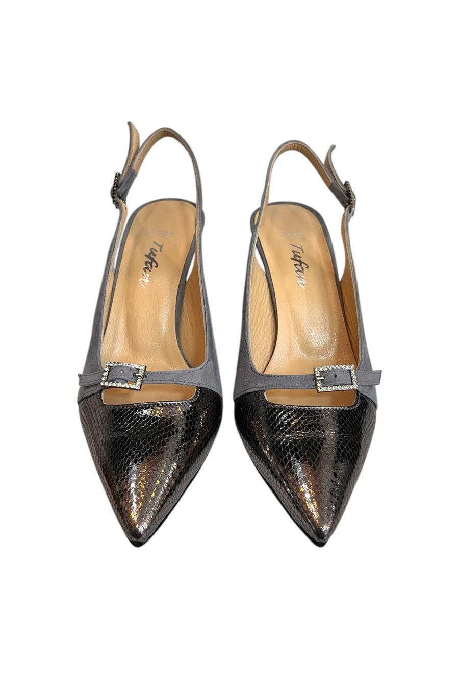 Gri Hakiki Deri Süet Toka Detay Arkası Açık Topuklu Ayakkabı