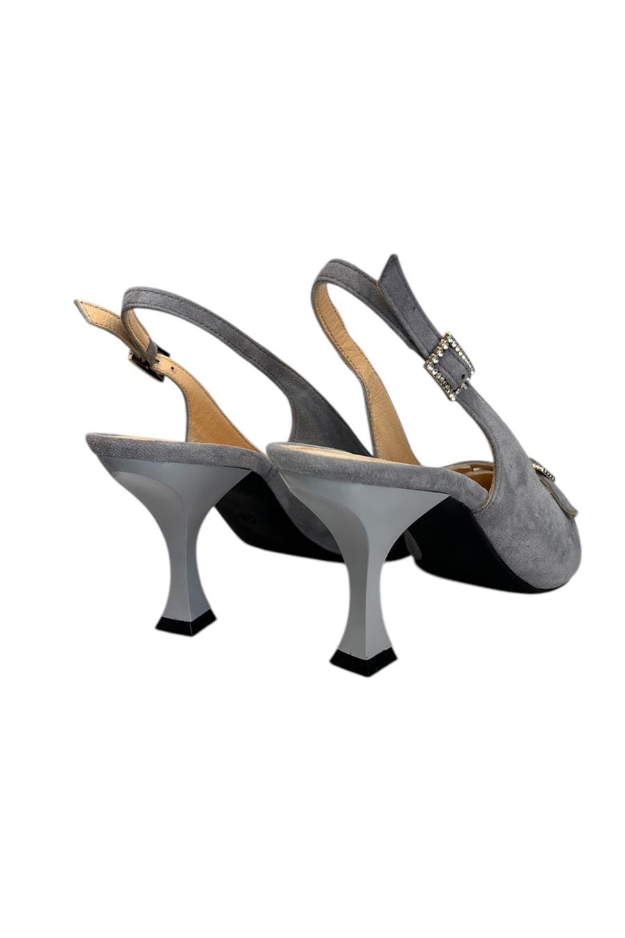 Gri Hakiki Deri Süet Toka Detay Arkası Açık Topuklu Ayakkabı