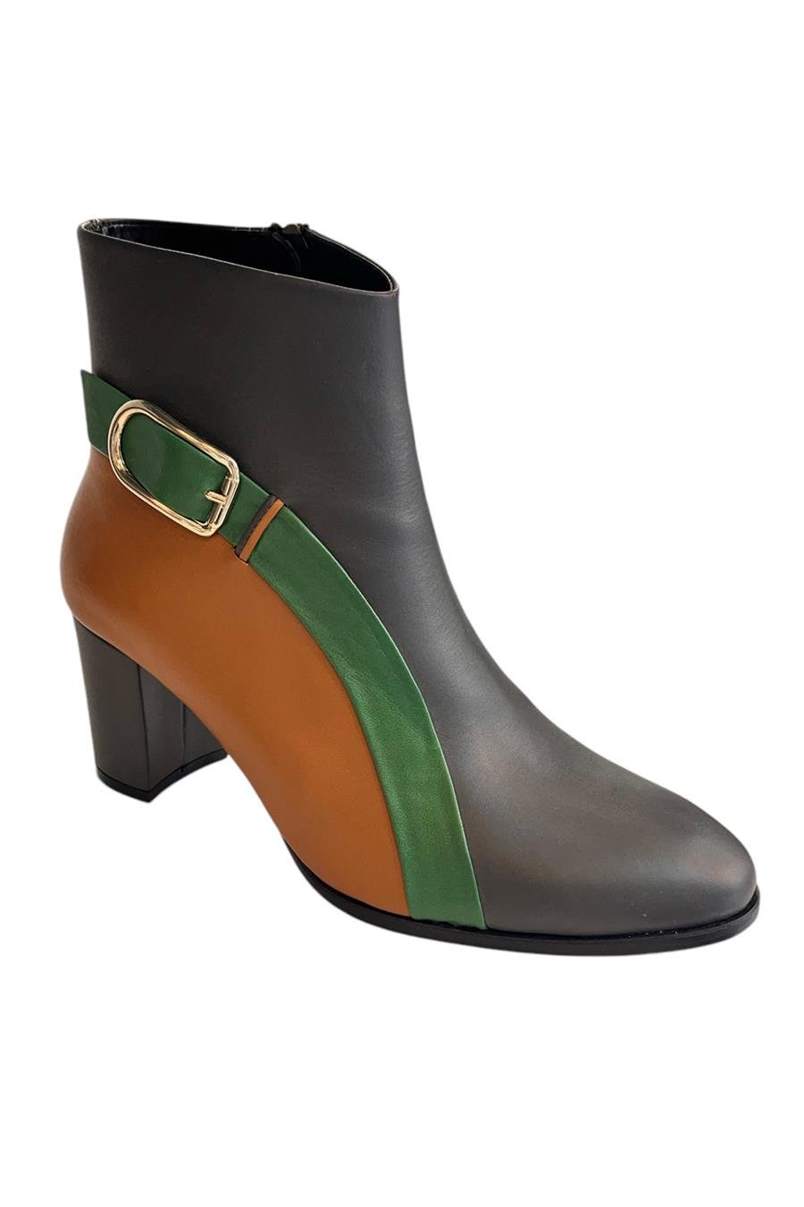 Gri Hakiki Deri Topuklu Bot Renk Geçişli
