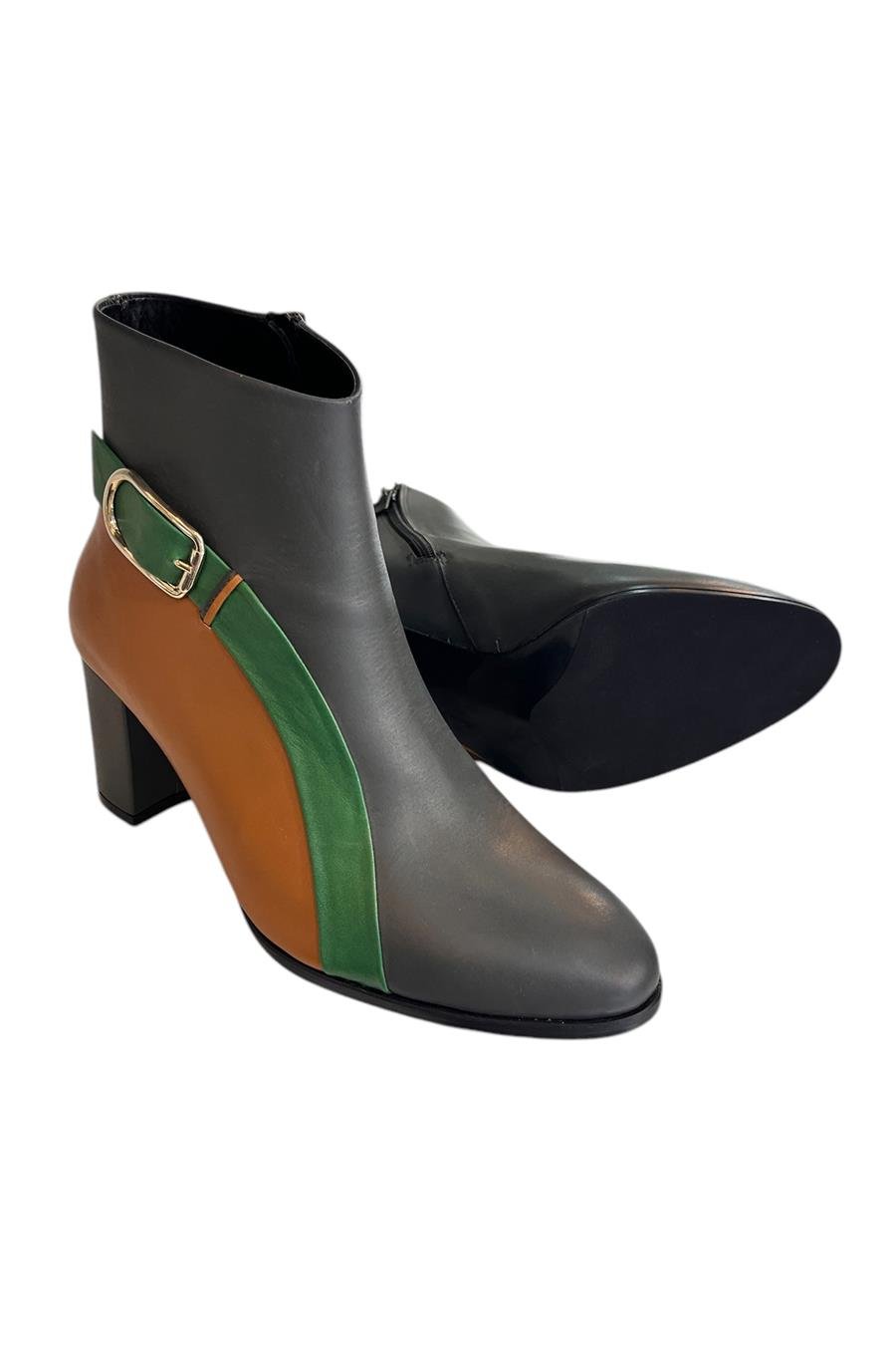 Gri Hakiki Deri Topuklu Bot Renk Geçişli