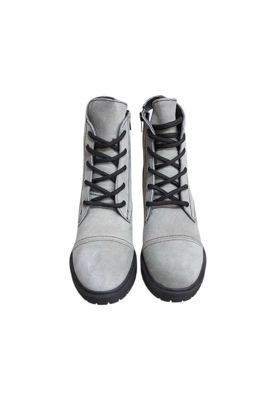 Gri Hakiki Süet  Bağcık Detay  Yandan Fermuarlı Kalın Topuk Bot