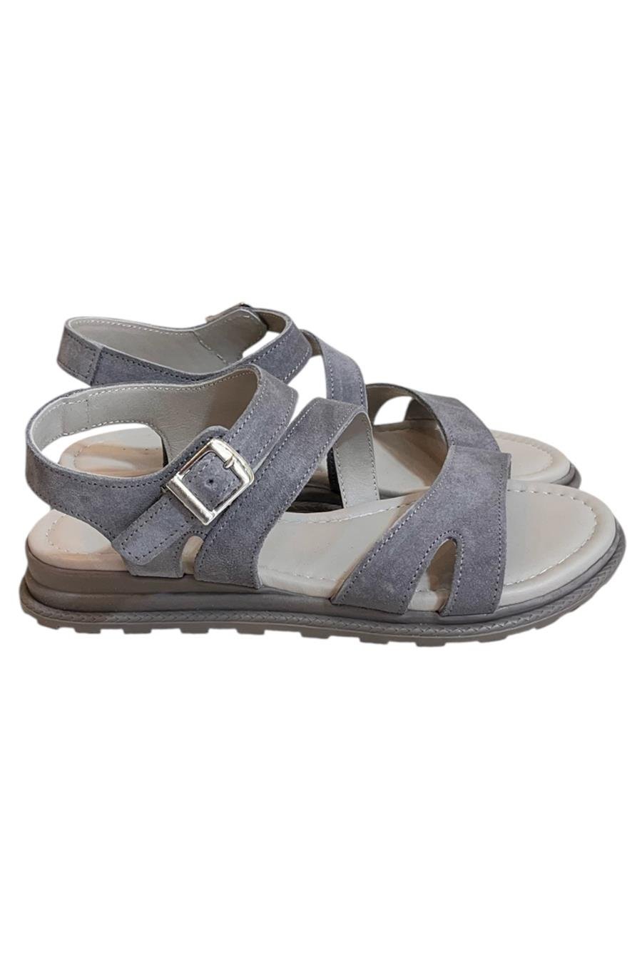 Gri Hakiki Süet Deri Çapraz Bantlı Sandalet 