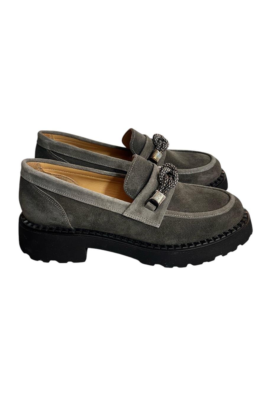Gri Hakiki Süet Deri Kalın Taban Loafer