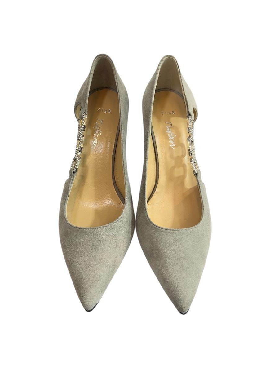 Gri Hakiki Süet Deri Taşlı Zincir Detay Topuklu Ayakkabı