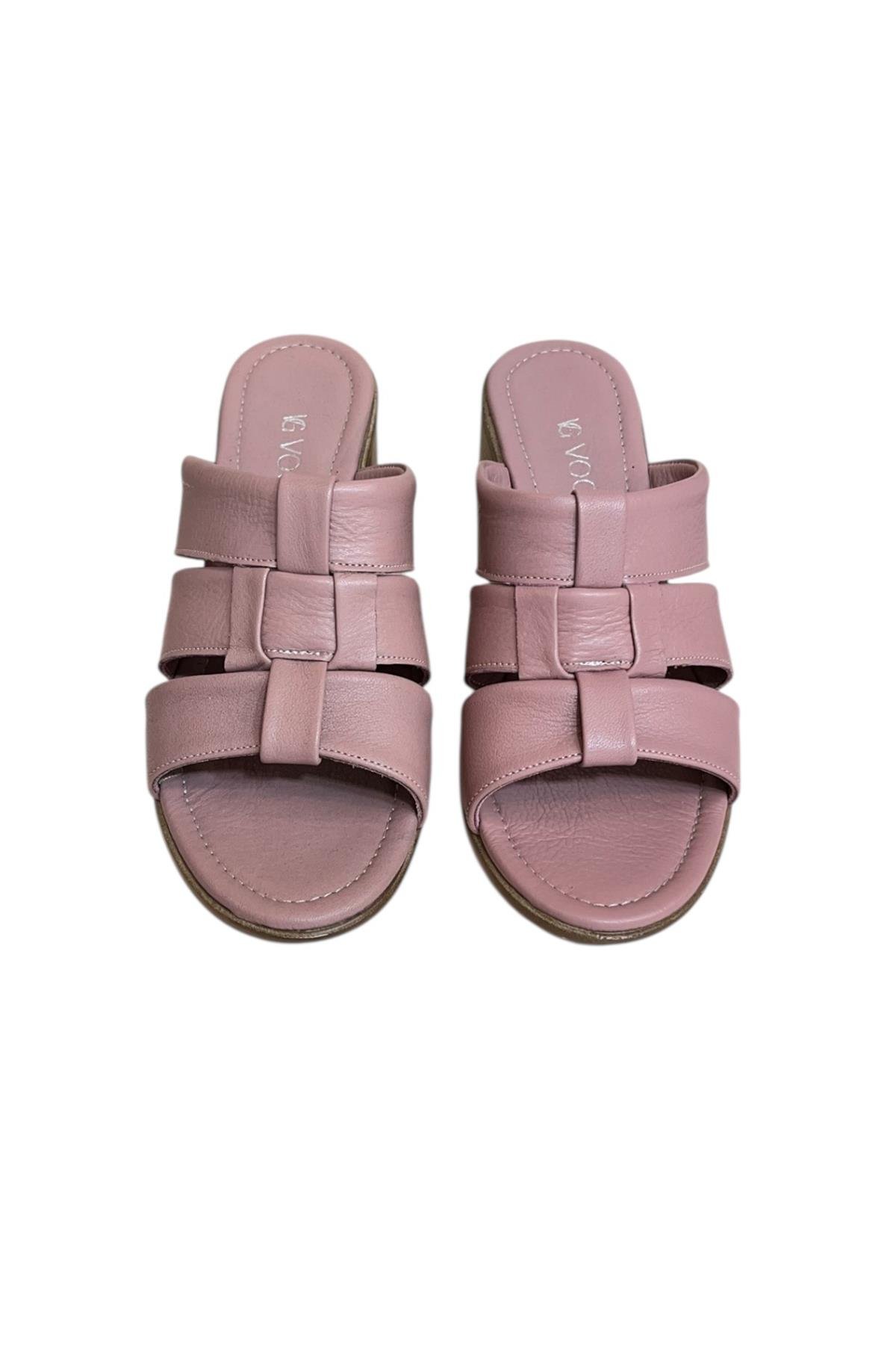 Gül Kurusu Hakiki Deri Bant Detaylı Topuklu Comfort Taban Terlik