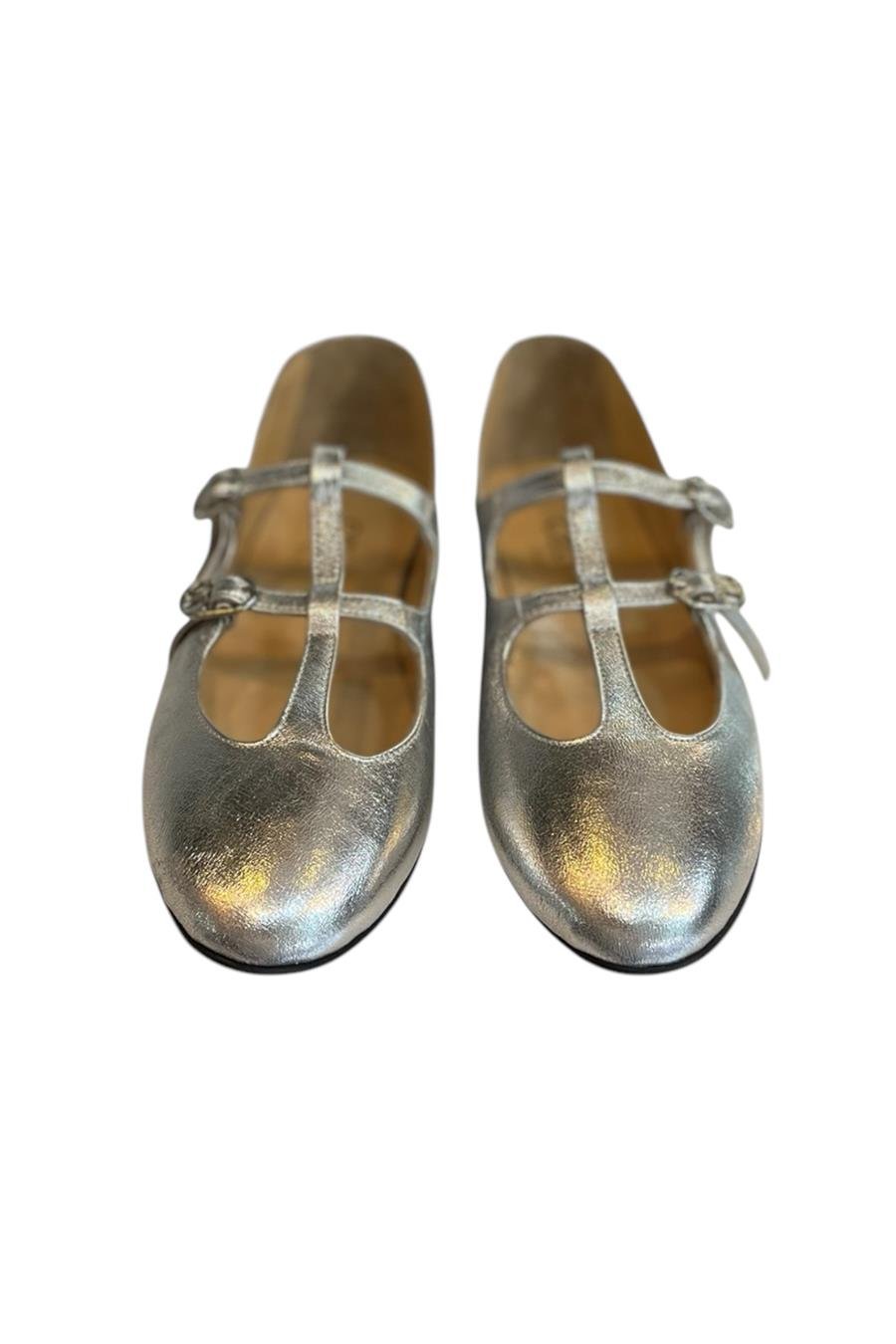 Gümüş Hakiki  Deri Çift Bantlı Babet Ayakkabı