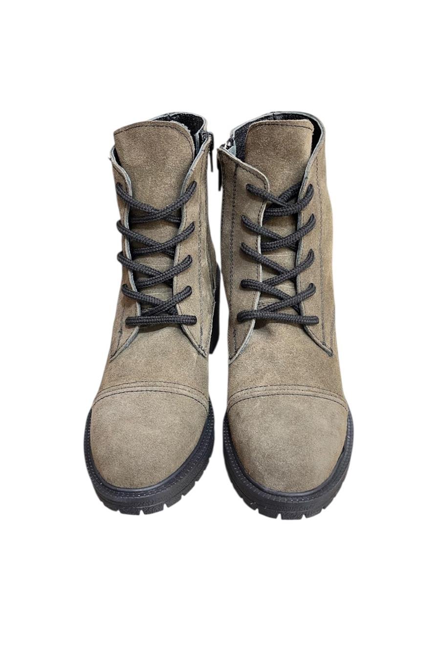 Haki Hakiki Süet  Bağcık Detay  Yandan Fermuarlı Kalın Topuk Bot