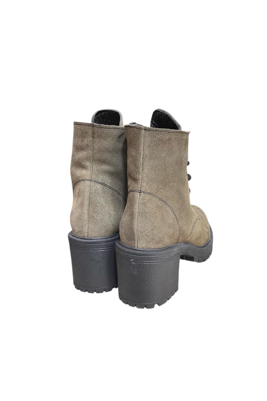 Haki Hakiki Süet  Bağcık Detay  Yandan Fermuarlı Kalın Topuk Bot