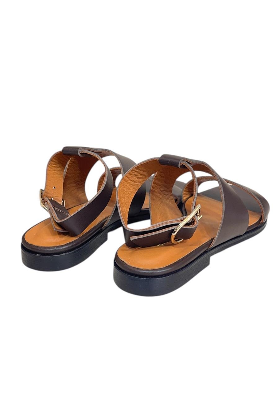 Kahve Hakiki Deri Çift Bant Bilekten Bağlı Bodrum Tarzı Sandalet 