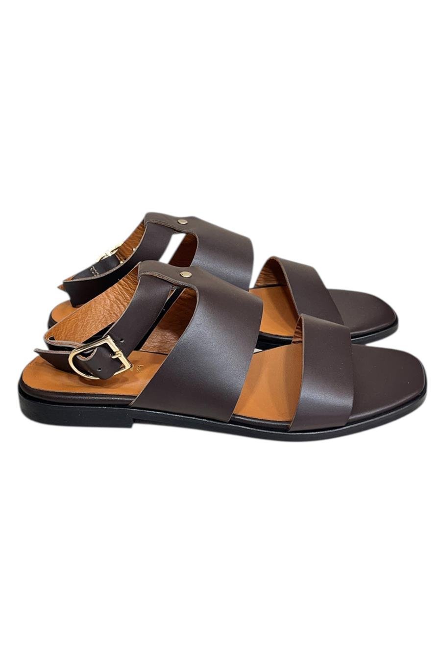 Kahve Hakiki Deri Çift Bant Bilekten Bağlı Bodrum Tarzı Sandalet 