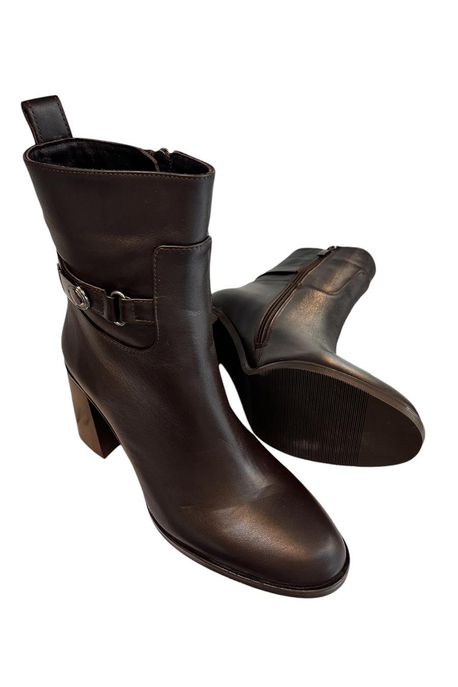 Kahve Hakiki  Deri İçi Sıcak Astarlı Topuklu Bot