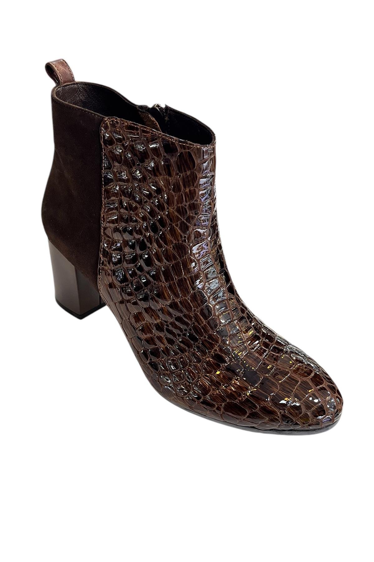 Kahve Hakiki Krokodil Deri Topuklu Bot
