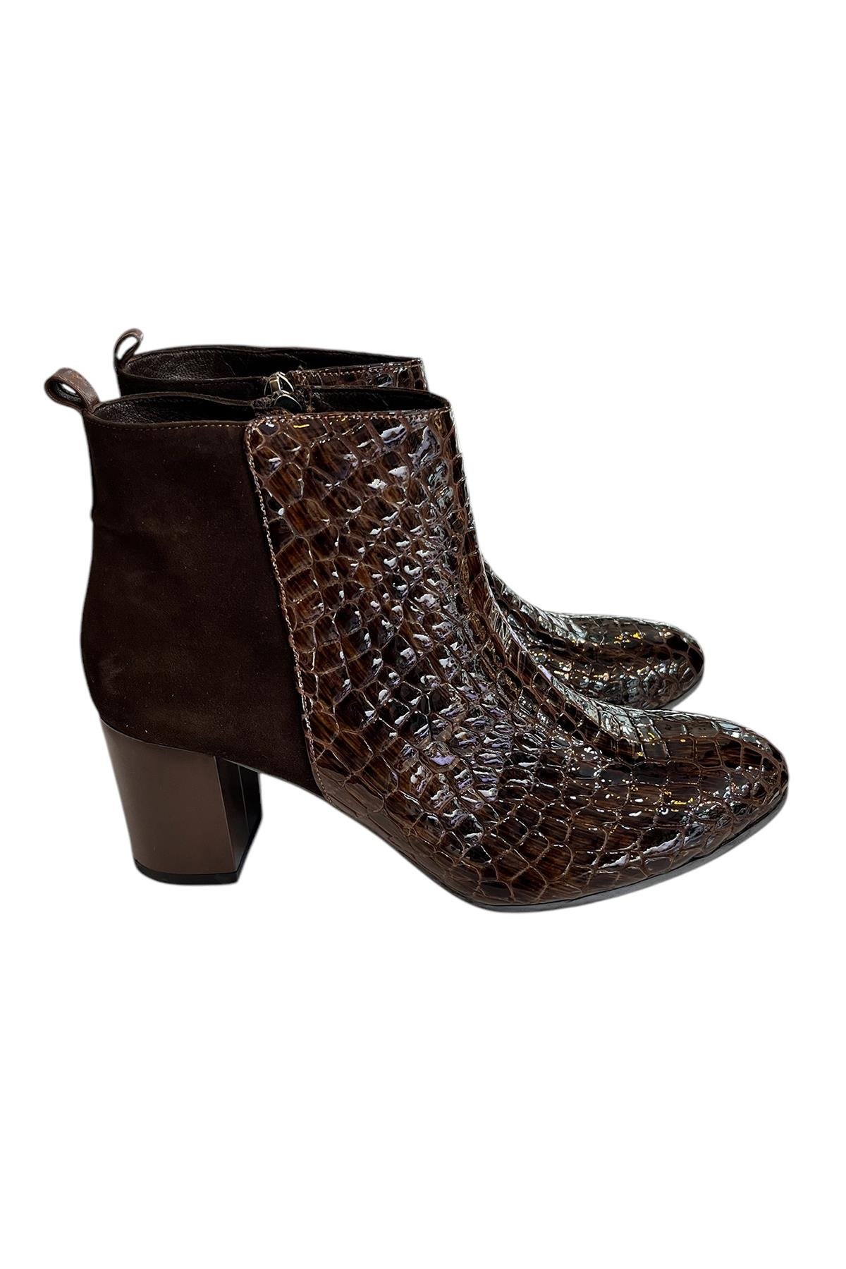 Kahve Hakiki Krokodil Deri Topuklu Bot