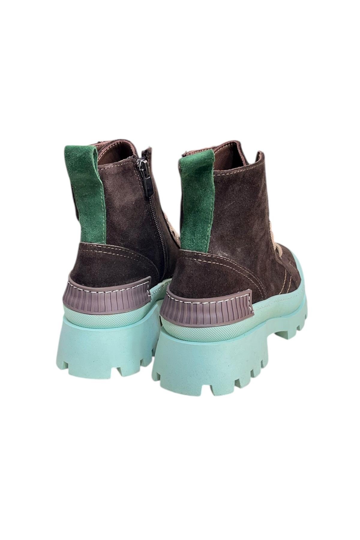 Kahve Hakiki Süet İçi Kürklü Mavi Taban Yandan Fermuarlı Bot