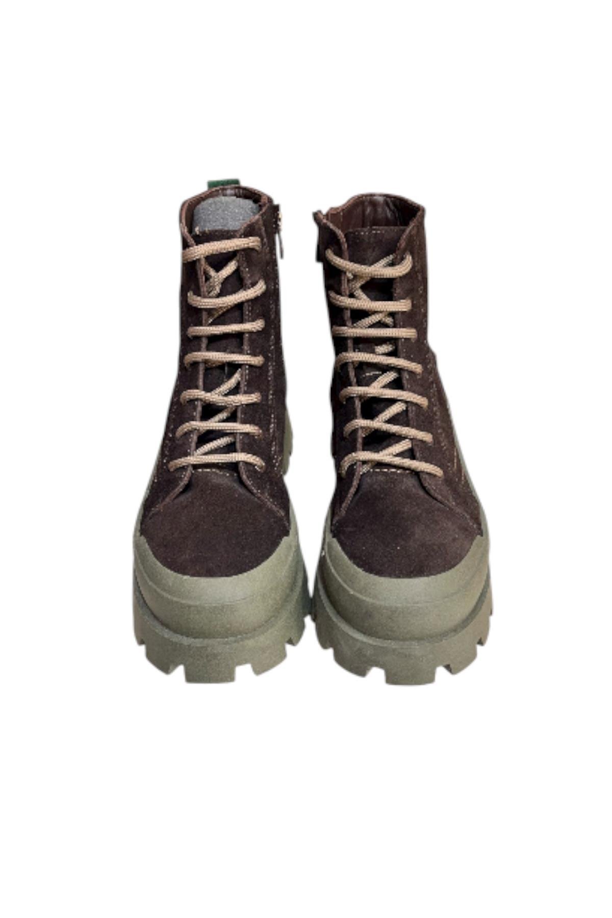 Kahve Hakiki Süet İçi Kürklü Yeşil Taban Yandan Fermuarlı Bot