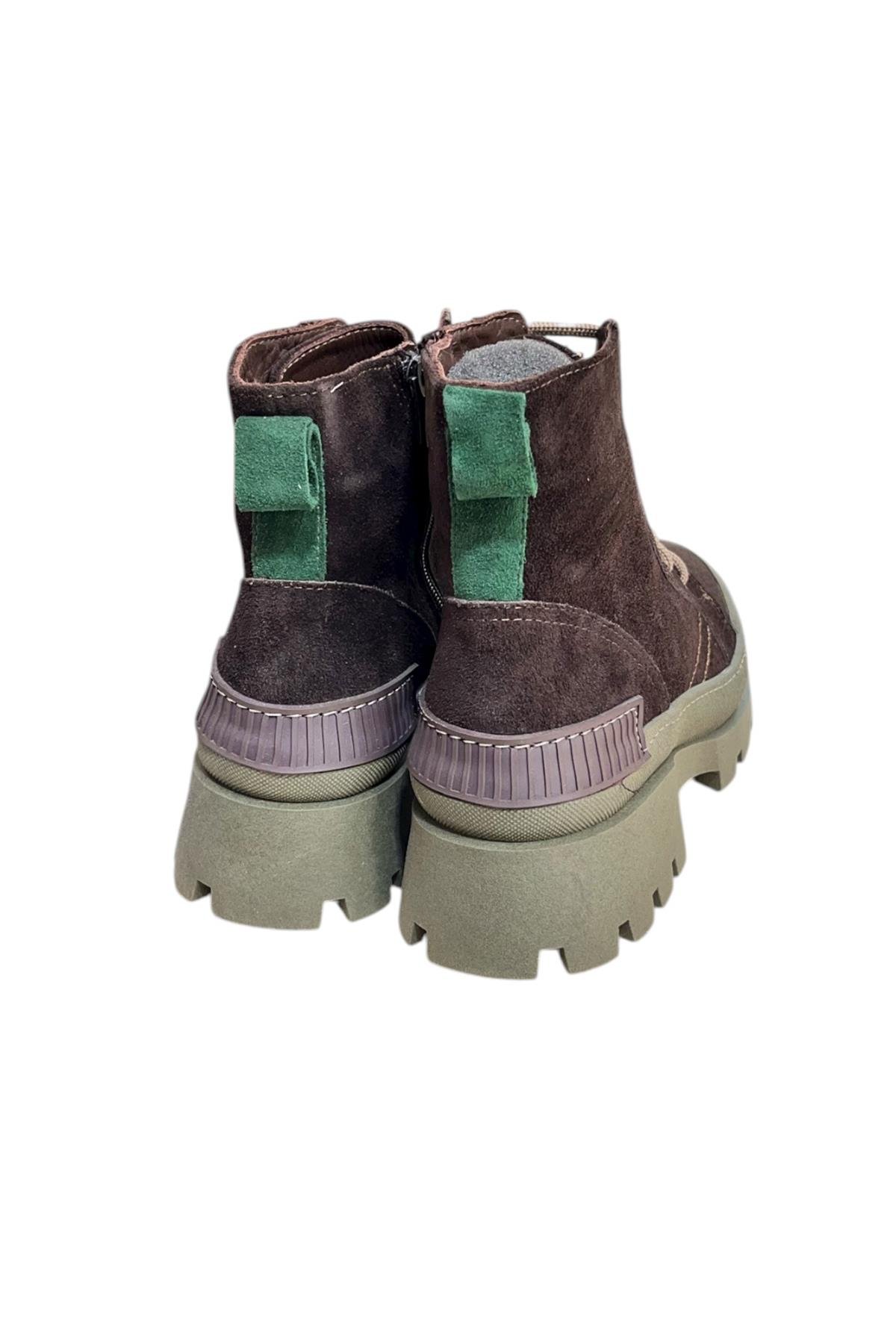 Kahve Hakiki Süet İçi Kürklü Yeşil Taban Yandan Fermuarlı Bot