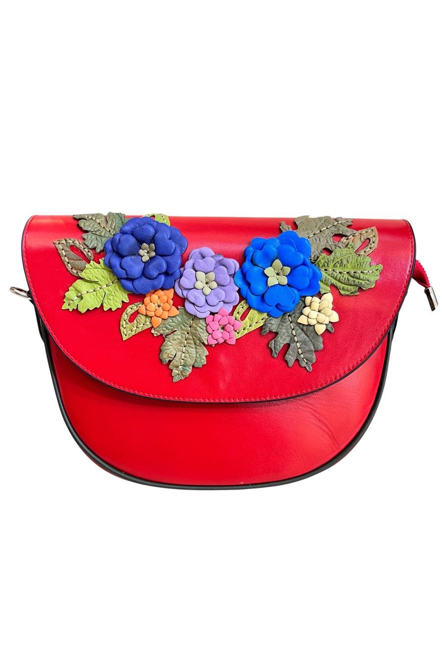 Kırmızı Hakiki Deri Çiçek Motifli El Yapımı Çapraz Çanta