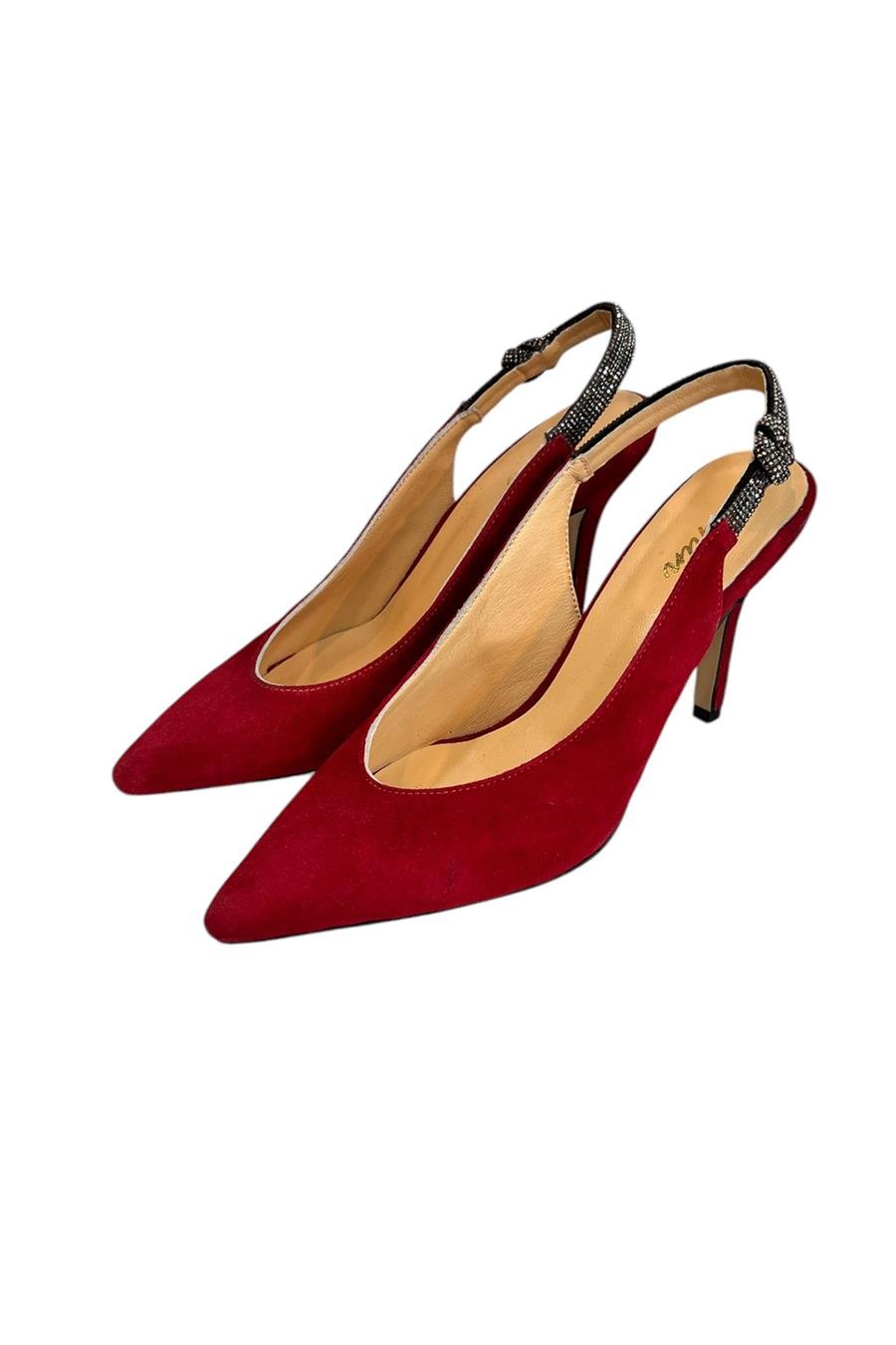 Kırmızı Hakiki Deri Süet Kristal Taş Bantlı Arkası Açık Topuklu Ayakkabı